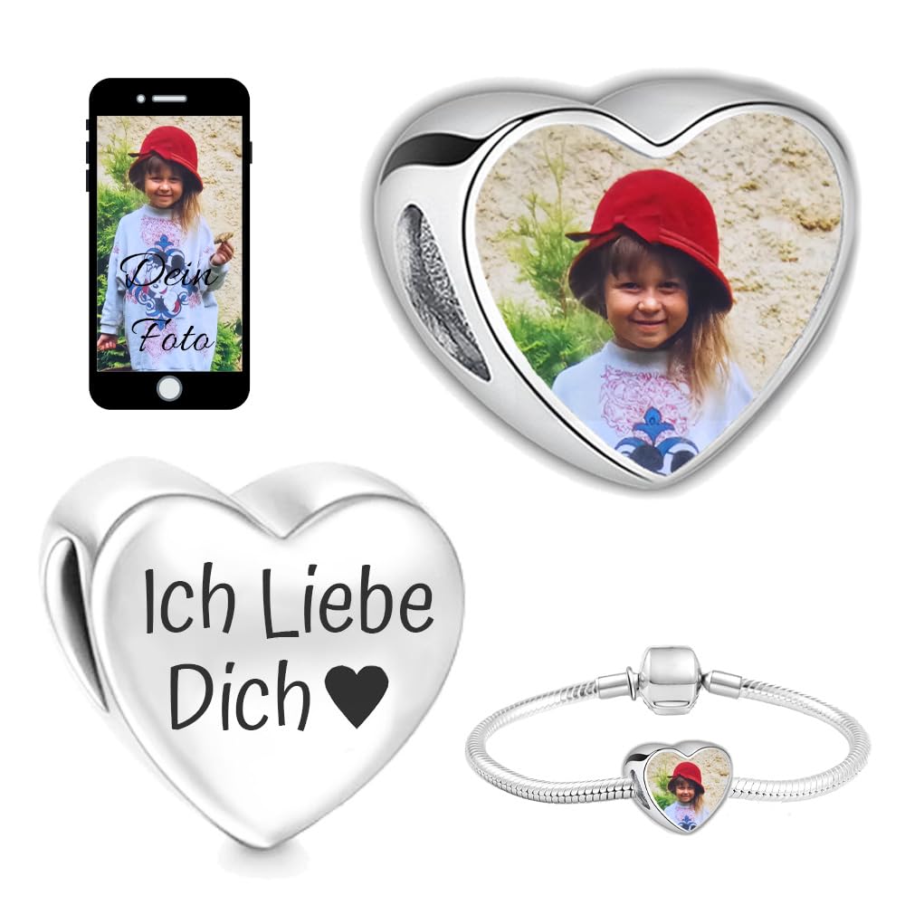 2Burned Foto-Charm aus Edelstahl, personalisiert mit Bild, kompatibel mit europäischen Armbändern, Geschenk für jeden Anlass, Rückseite blanko oder Gravur 'Ich liebe dich'