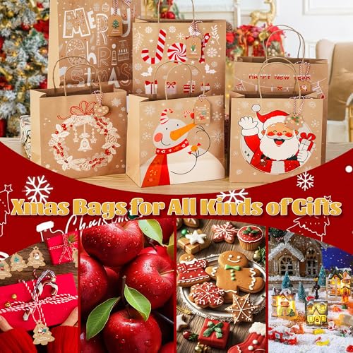 Geschenktüten Weihnachten - Geschenk Papiertüten Weihnachten Groß mit Geschenkanhänger, 12 Stück Kraftpapier Tüten Weihnachtstüten, Weihnachtstaschen Mittel mit Henkel, Weihnachtspapiertüten Set