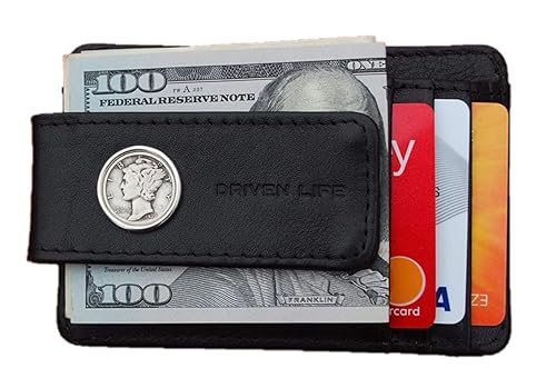 US 1939 Mercury Dime 90% Silver 10 Cent Coin Genuine Full-Grain Black Leather Magnetic Money Clip Wallet & Card Holder RFID Blocking