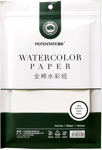 Potentate 300GSM 100% Cotton Cold-Pressed Watercolour Paper 10 Sheets, 19 cm x 26 cm Size