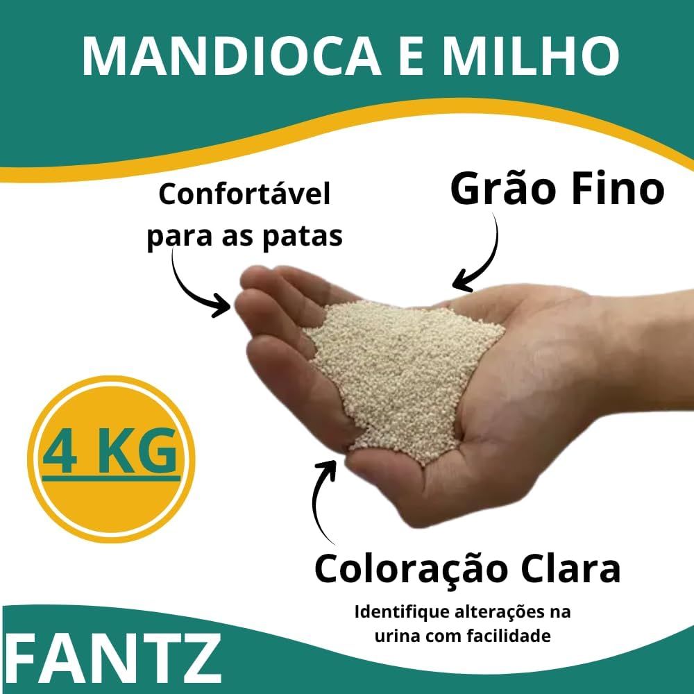 Areia Higiênica Biodegradável para Gatos Grãos Finos Origem Vegetal Mandioca e Milho Elimina Odor 4kg Areia Higiênica Biodegradável para Gatos Grãos Finos Origem Vegetal Mandioca e Milho Elimina Odor 4kg
