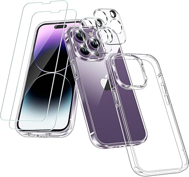 Ruayia for iPhone 14 Pro Max Case Clear + 2 Tempered Glass Screen Protectors + 2 Camera Lens Protectors [Military Grade Protection] Shockproof Anti-Yellow Slim Thin Phone Case Cover 6.7" - Clear