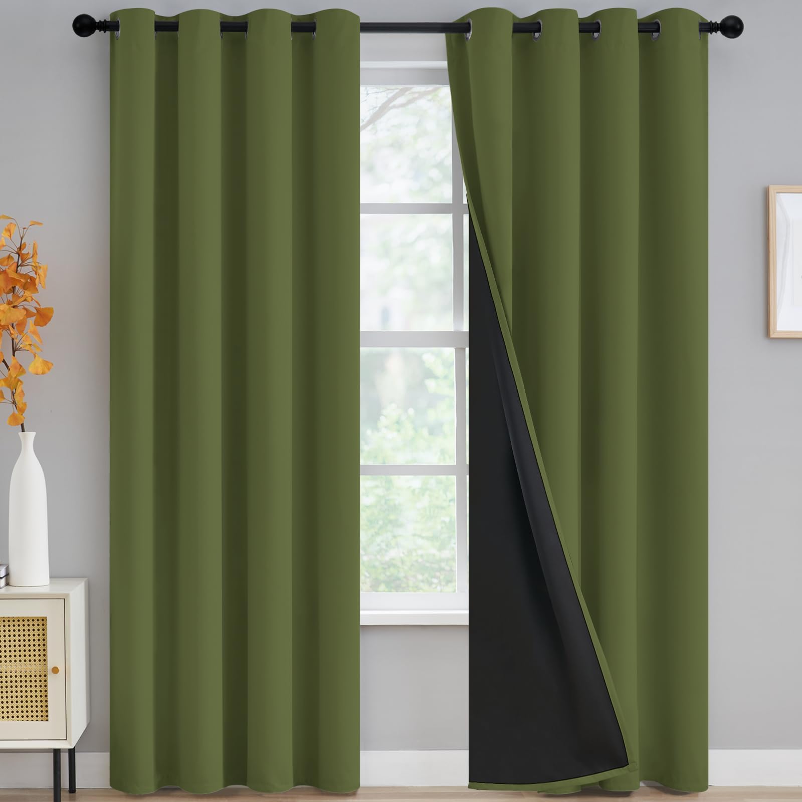 Yakamok 100% Blackout Curtains for Bedroom 72 Inch Length, Total Light Blocking Drapes with Black Backing, Thermal Insulated Solid Grommet Panels for