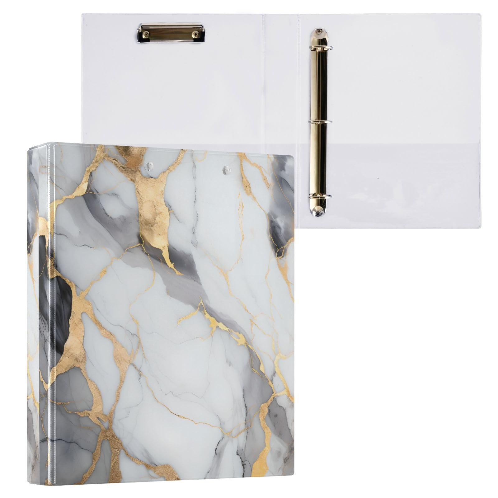 3 Ring Binder, Marble White Gold File Folder Holds 200 Sheets File Storage for Women Men School Office Supplie