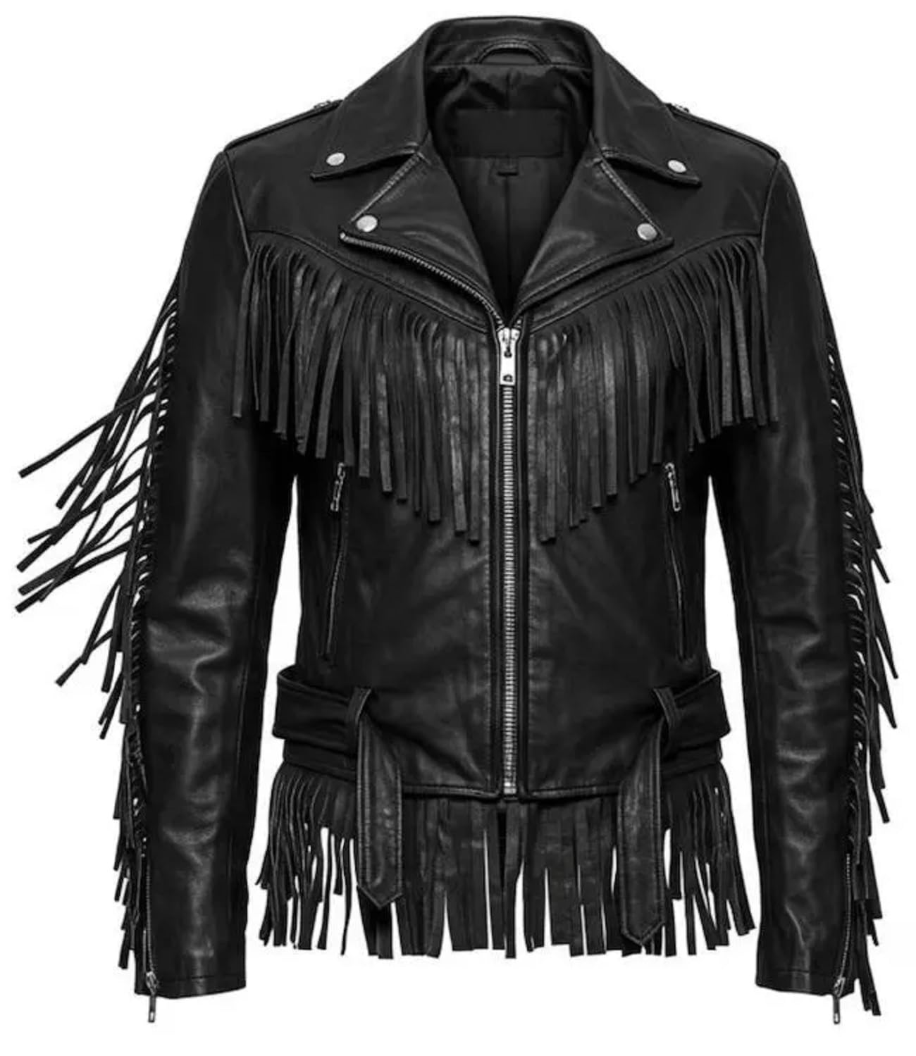 Chaqueta de cuero negro con flecos para hombre, estilo vaquero vintage occidental