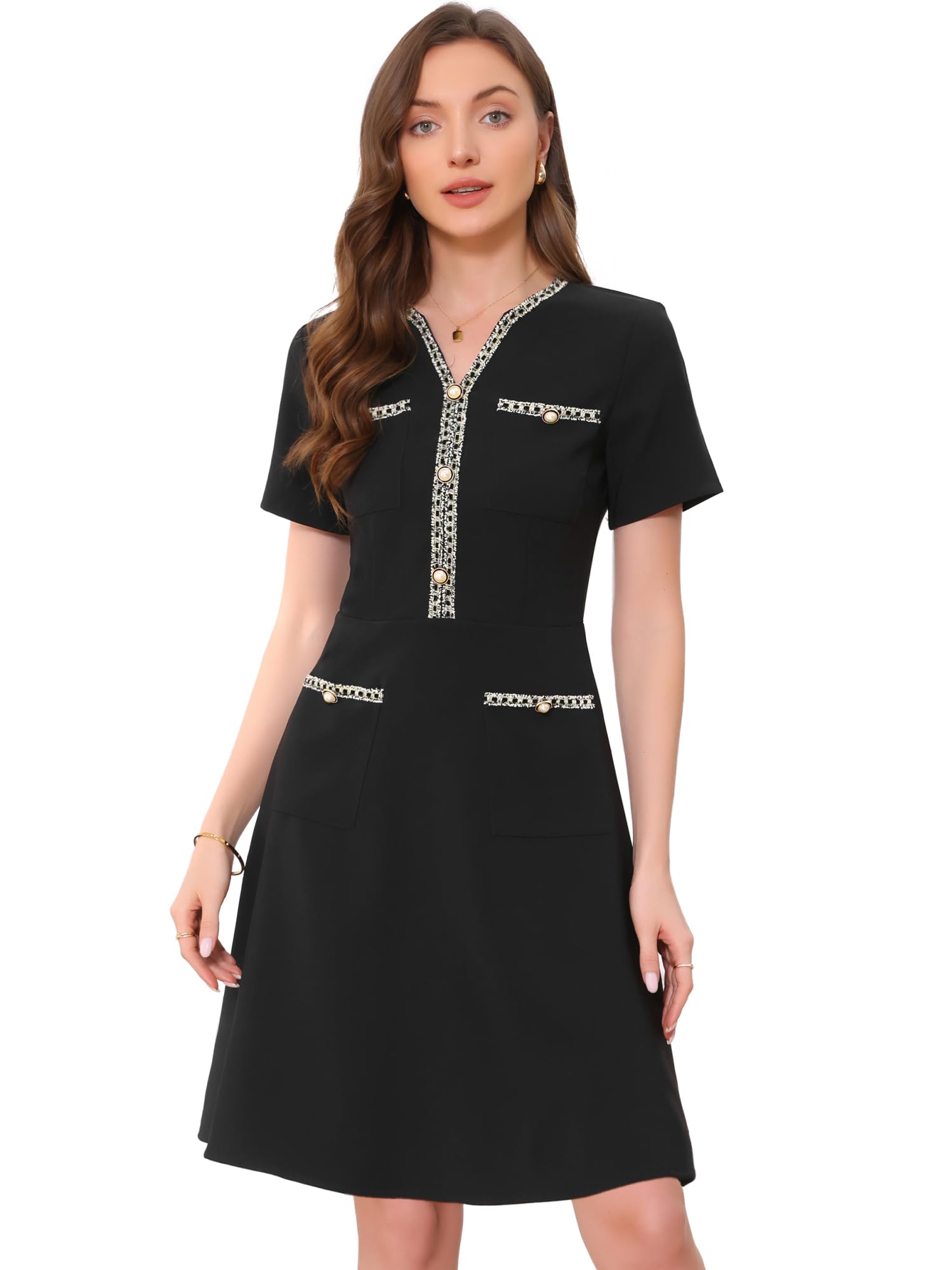 Allegra K Robe de Travail pour Femme Col en V Manches Courtes Bordure en Tweed Robe Trapèze de Bureau Élégante
