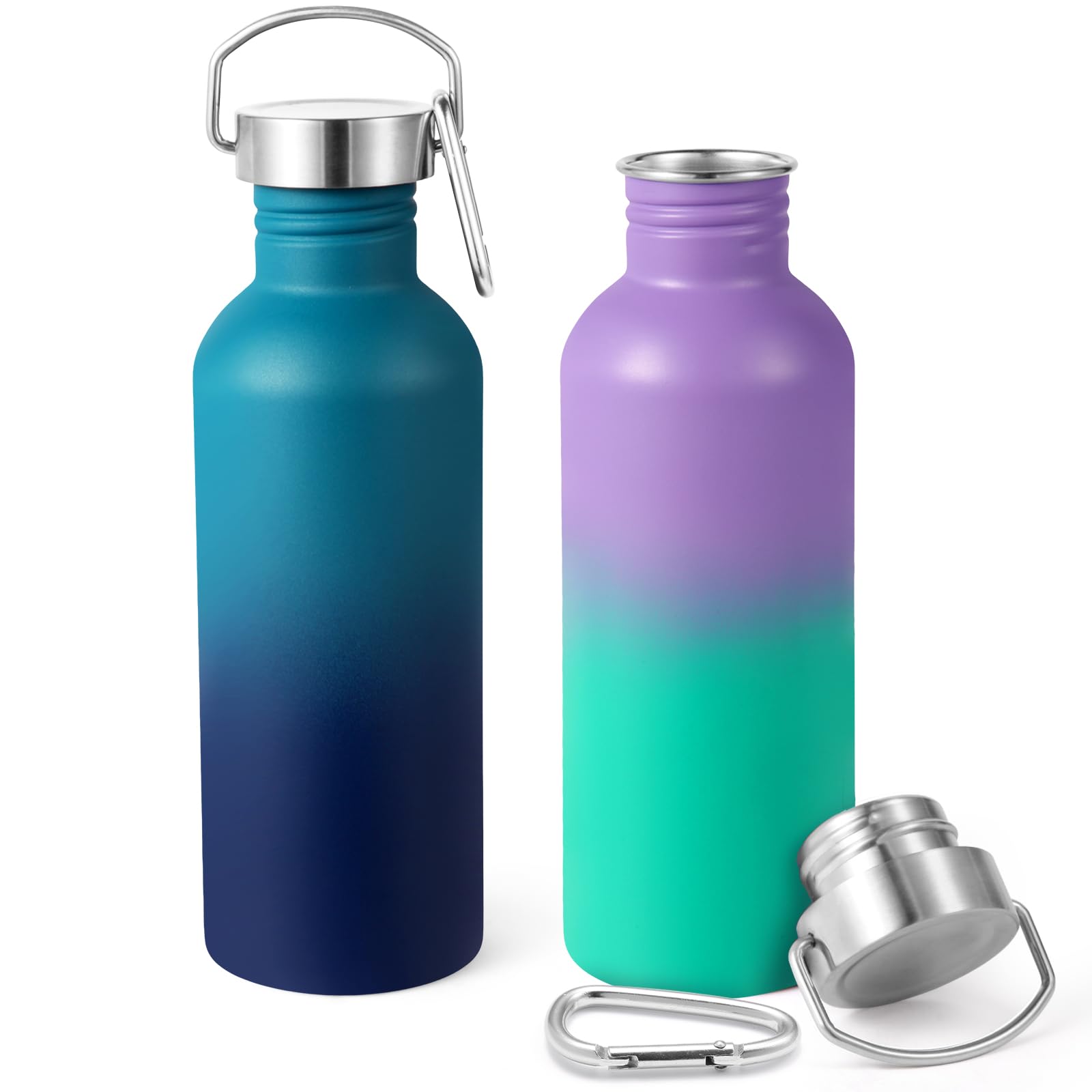 Volhoply 1000ml Uninsulated Single Walled Water Bottles 2 Pack, Stainless Steel Sports Water Bottle with Handle & Carabiner, BPA Free Lightweight Water Bottles for Hiking, Running（Assorted,2）