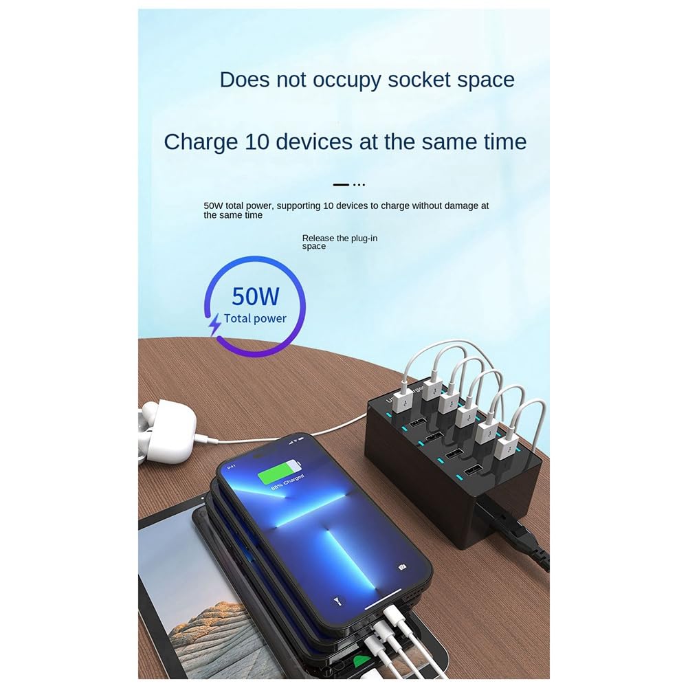 1 szt. 50 W USB Multiport Charger Hub 10 portów Szybka ładowarka Ładowarka stacjonarna Stacja dokująca Ładowarka biała (Wielka Brytania)