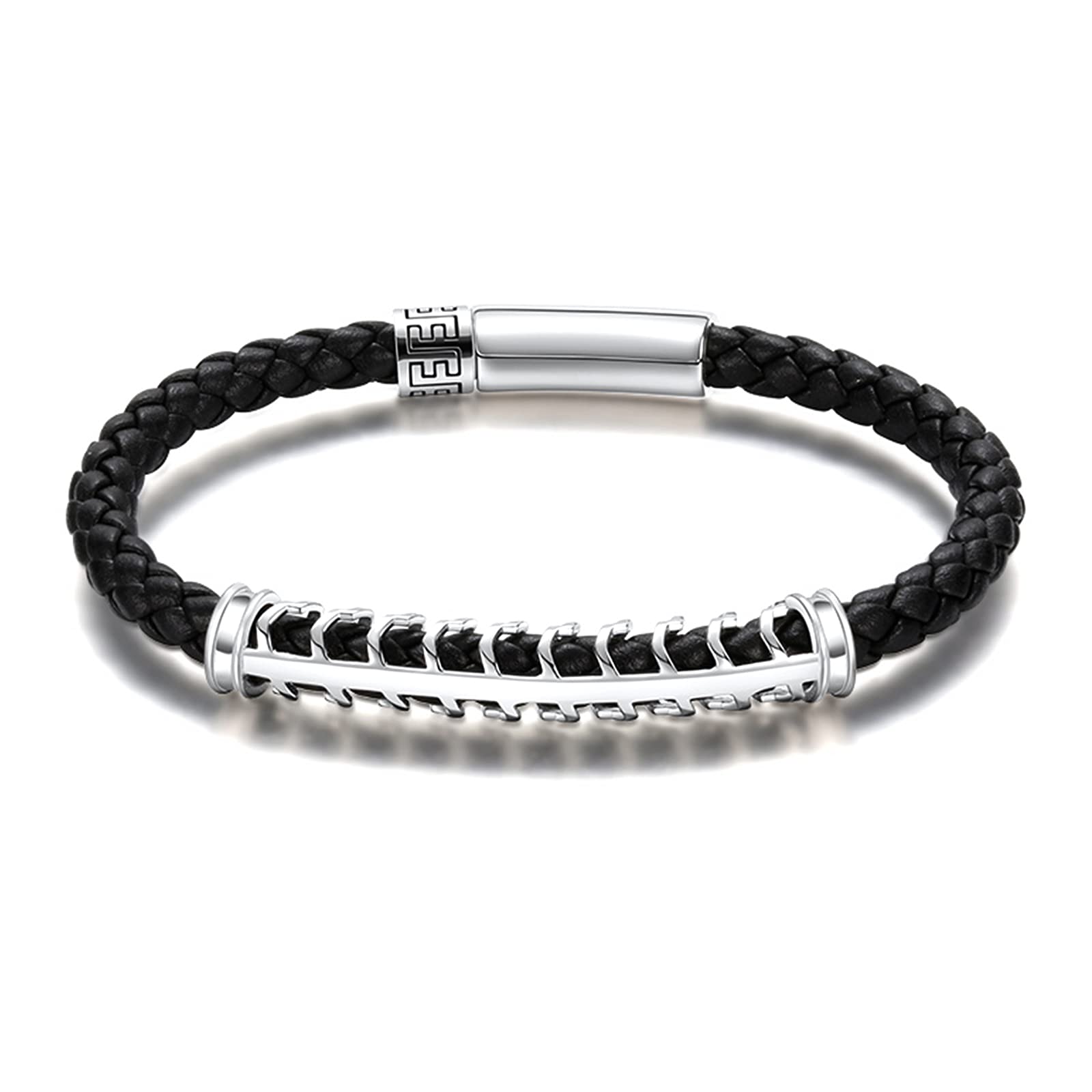 LYGXWJFC Pulsera de Cuerda Trenzada de Cuero Genuino de Plata de Ley 925 para Hombre, Brazalete clásico Hecho a Mano, Bandas Punk de Motociclista, joyería con Dije de protección Pulida, Cierre de