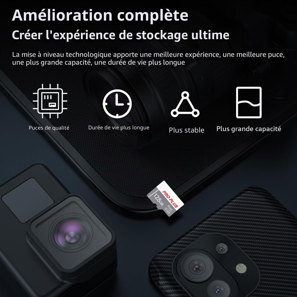 Lot de 2 Carte Mémoire 128 Go avec Adaptateur, Carte Mémoire TF Haute Vitesse, UHS-I, A1, C10, Carte TF pour Tablette/Téléphone/Appareil Photo/Autoradio/Enregistreur de Conduite (TF183 128 Go)