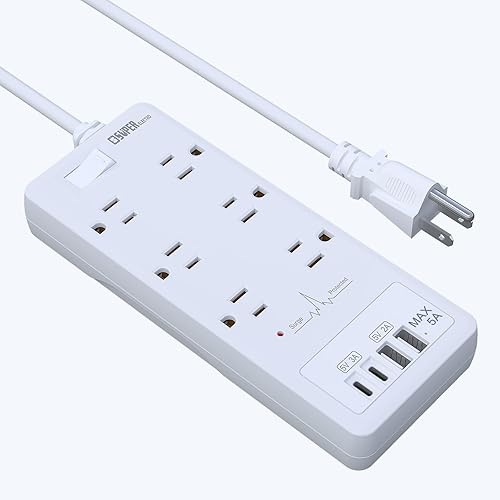 Regleta protectora de sobretensiones, cable de extensión con 6 salidas (1875 W15 A) y 2 puertos USB A+2USB C, certificación ETL, montaje en pared,