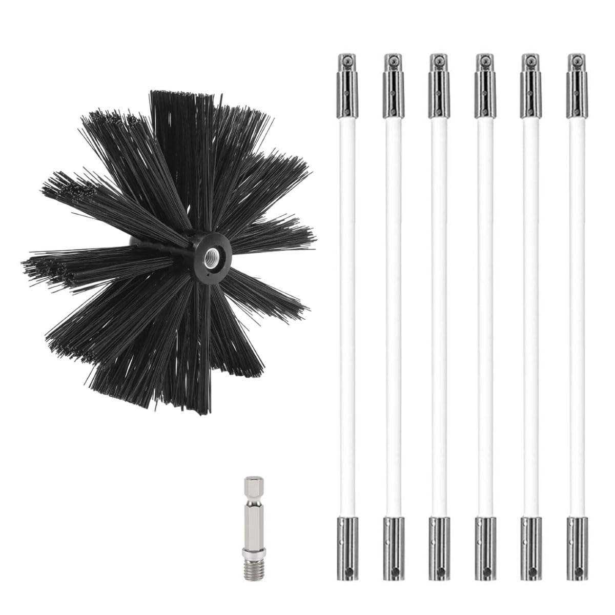 Kit de Broussailles de Nettoyage de Cheminée Ensemble de Brosse de Cheminée Réglable Brosse Nettoyage Ramonage Outil avec 6 Tiges Flexibles 1 Tête de Brosse 200mm