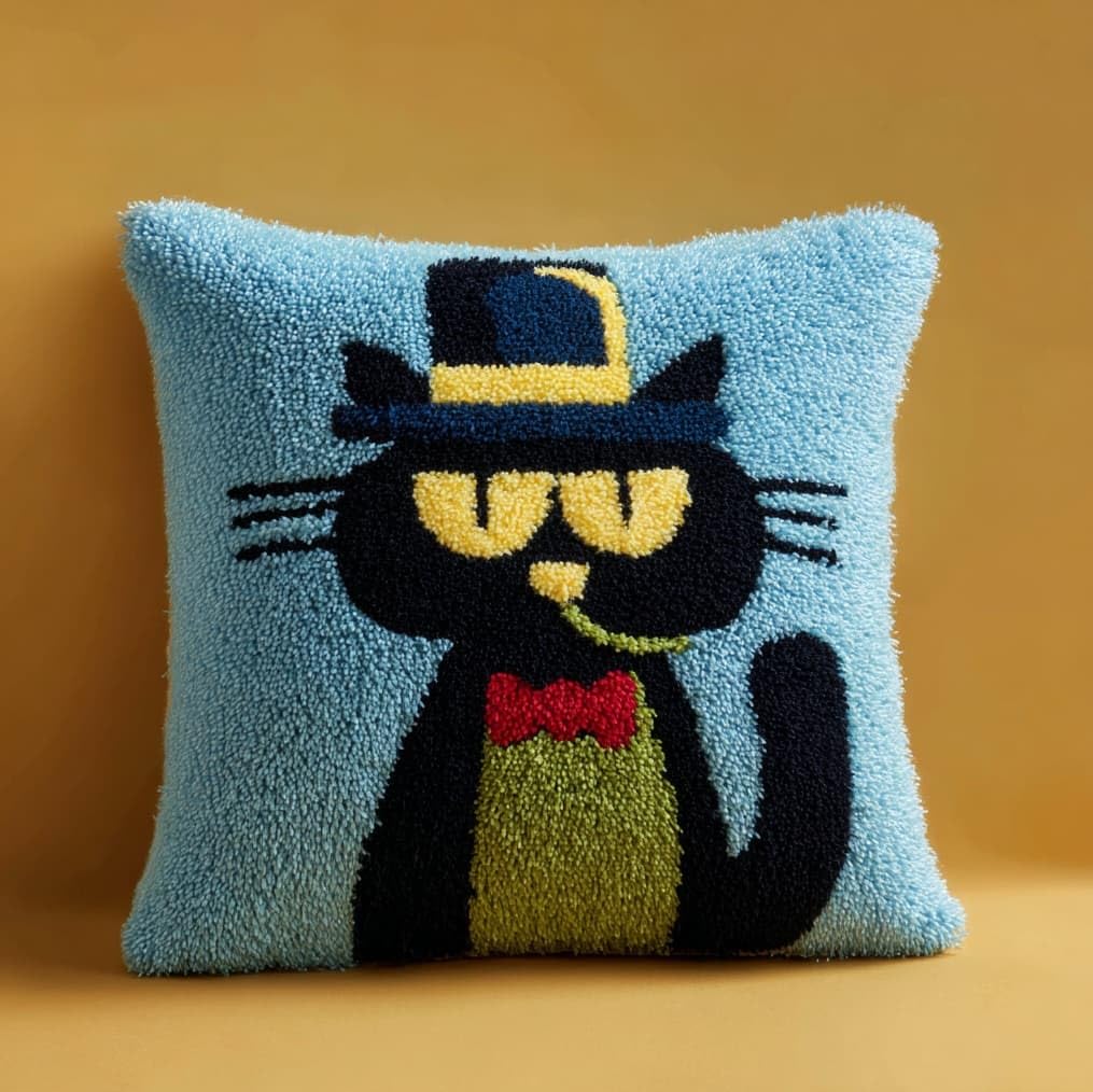 AxiangziK 43x43cm Latch Hook Pillow Craft Kit,Cat Wearing a hat
