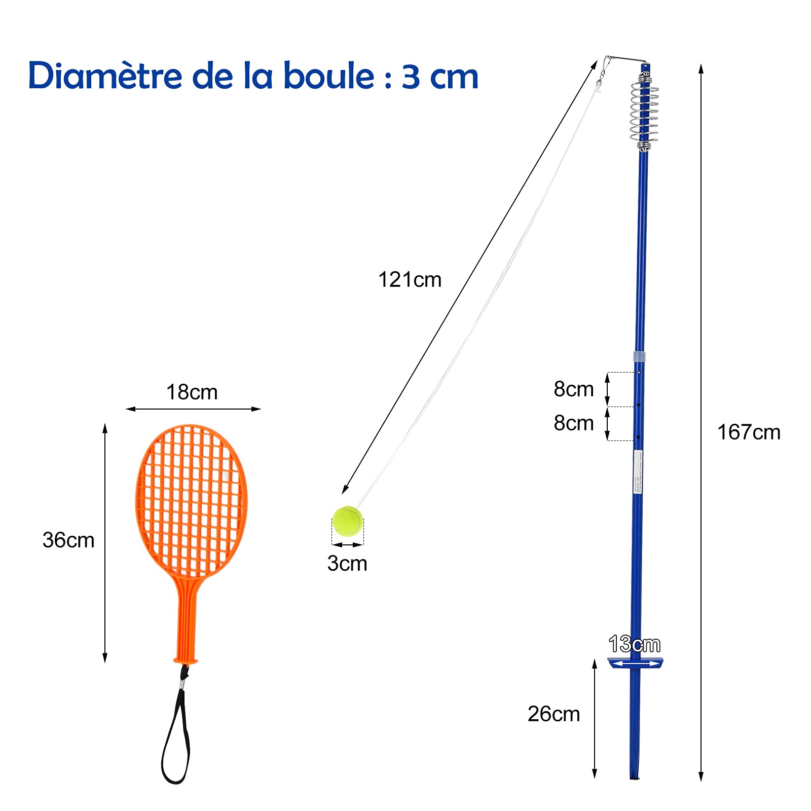COSTWAY Twistball Pack de Speed-Ball Mobile Mains Libres Hauteur Réglable sur 3 Niveaux 124-139 cm avec Balle 2 Raquettes Jeu Familial pour Enfants Plage Cour et Pelouse