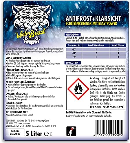 SONAX WinterBeast AntiFrost + KlarSicht gotowy do użycia do -20 °C (5 litrów) szybszy, bezsmugowy i skuteczny środek do czyszczenia szyb na zimę | nr art. 01355000