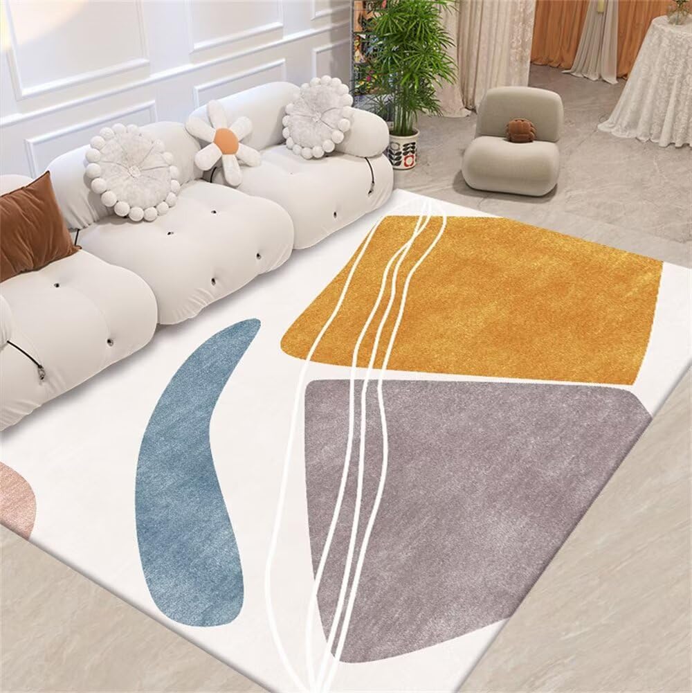 Tapis de salon géométrique en fibres haute résistance à l'usure, finition gris et jaune