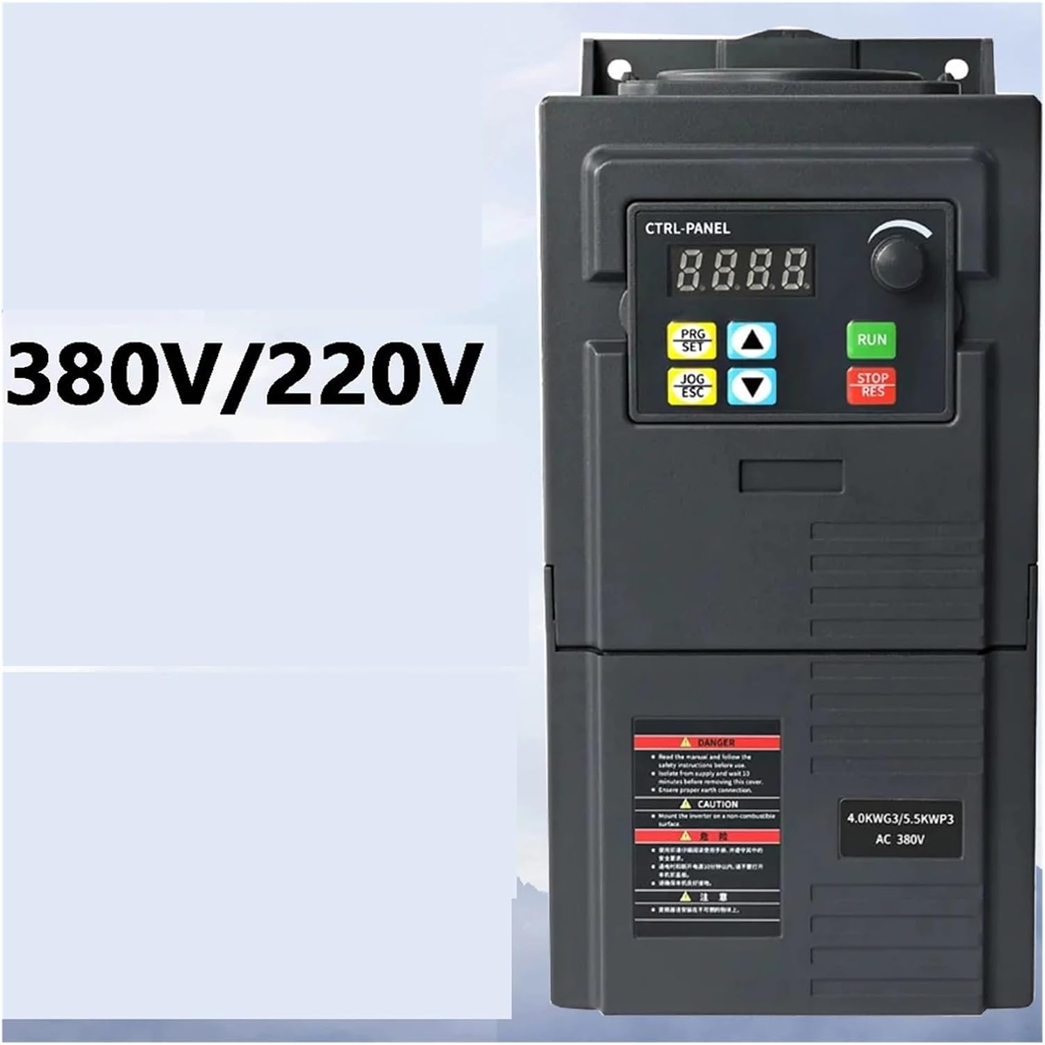 Фронт view of the ZUKED-320-0.75KW VFD with control panel and warning labels.