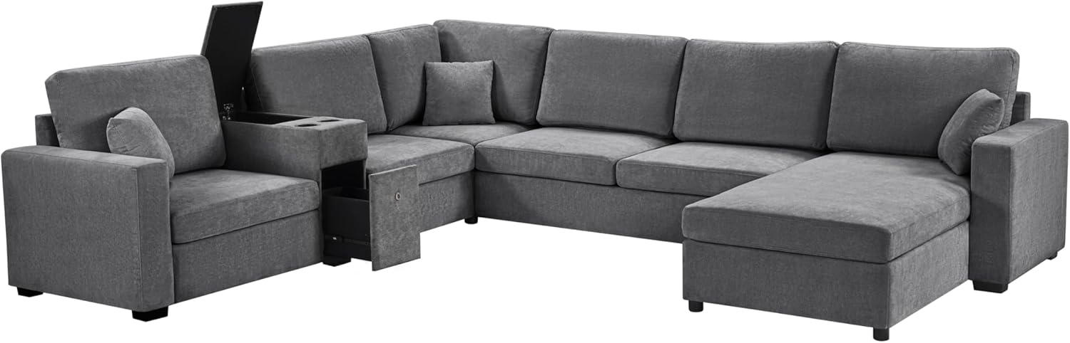 Merax Modern Oversized U-Shaped Sectional Sofa with Piollows & Chaise Lounge, Chenille 5-Seat Couch Set Sleeper Bed with Cup Holders, Storage Drawer for Living Room, Easy Assemble, Gray