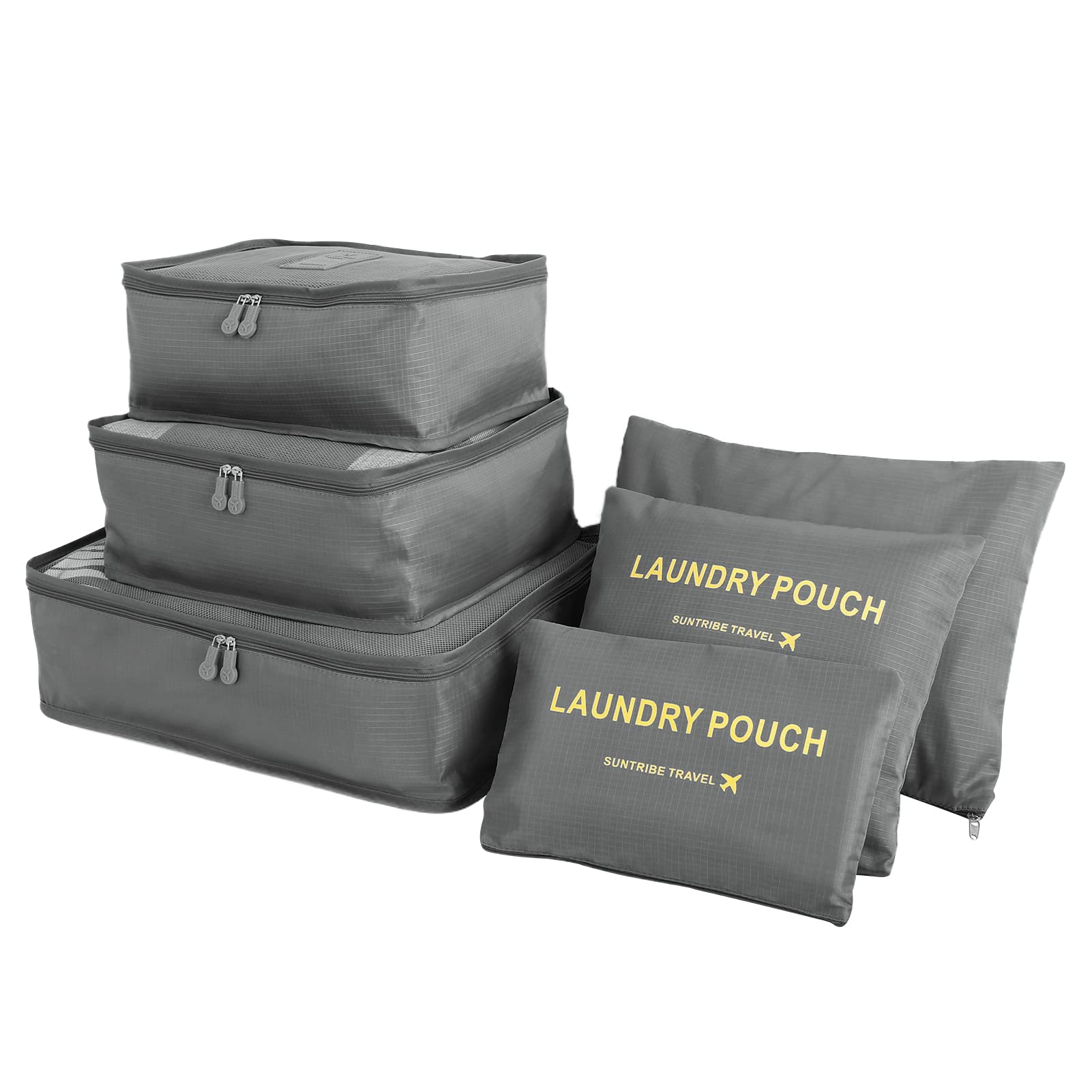 Teynewer Grey 6Pcs Travel Organiser Packing Bags Packing Cubes Set Durable Luggage Organisers Suitcase Storage Bags Compression Pouches For Travel Accessories,