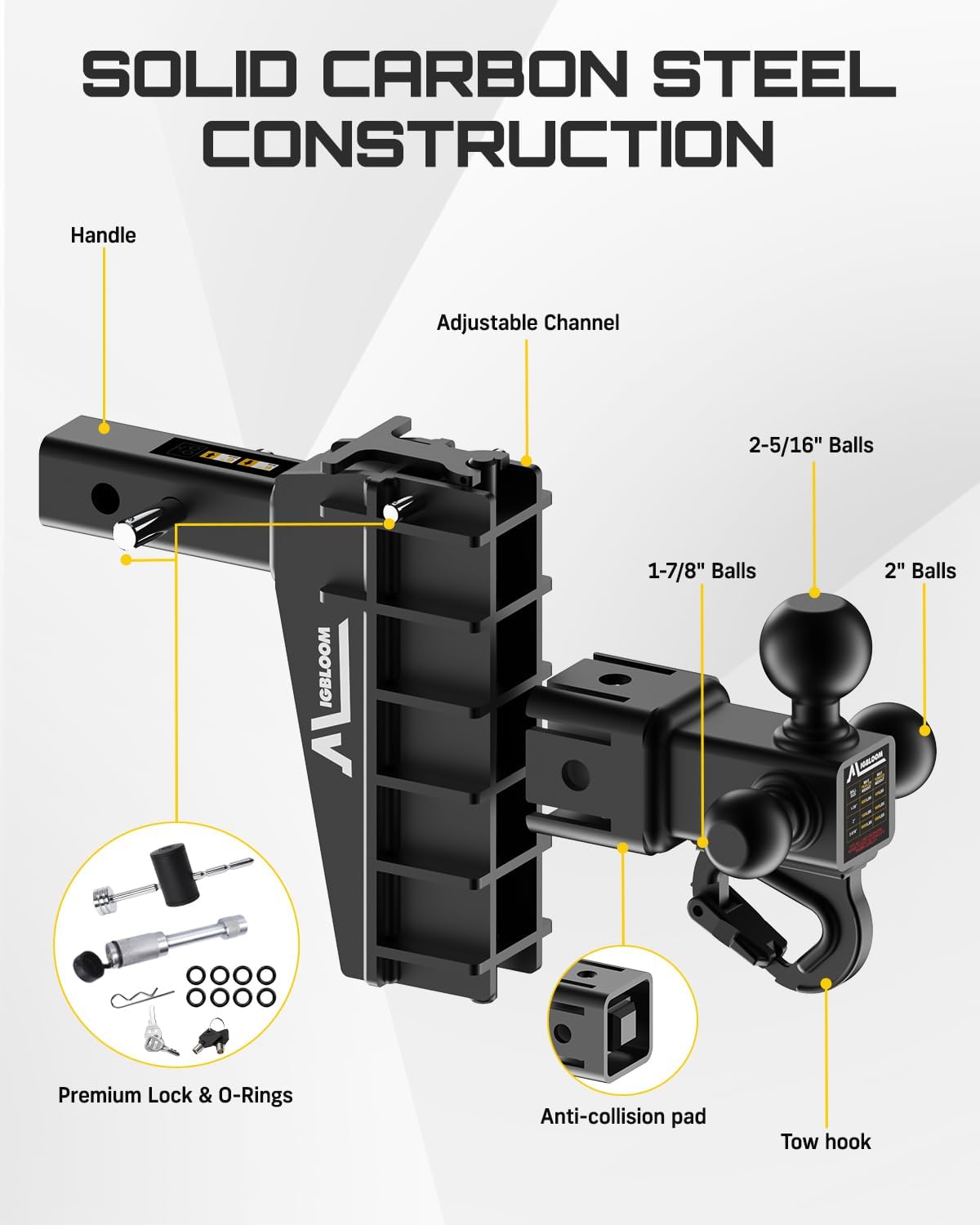 Adjustable Trailer Hitch, Tri-Ball (1-7/8" x 2" x 2-5/16") Drop Hitch, Fits 2-Inch Receiver, 6 Inch Drop Hitch, 15000 LBS GTW with Anti-Theft Hitch 2 Locks, Tow Hitch for Heavy Duty Truck, Black