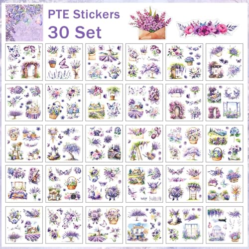 Image of HASTHIP 30-Page Purple Floral Sticker Book with Die Cut PET Waterproof Flower & Butterfly Stickers for Journaling, Scrapbooking, Garden Aesthetic Crafts, Planners, Bullet Diaries & DIY Art Projects
