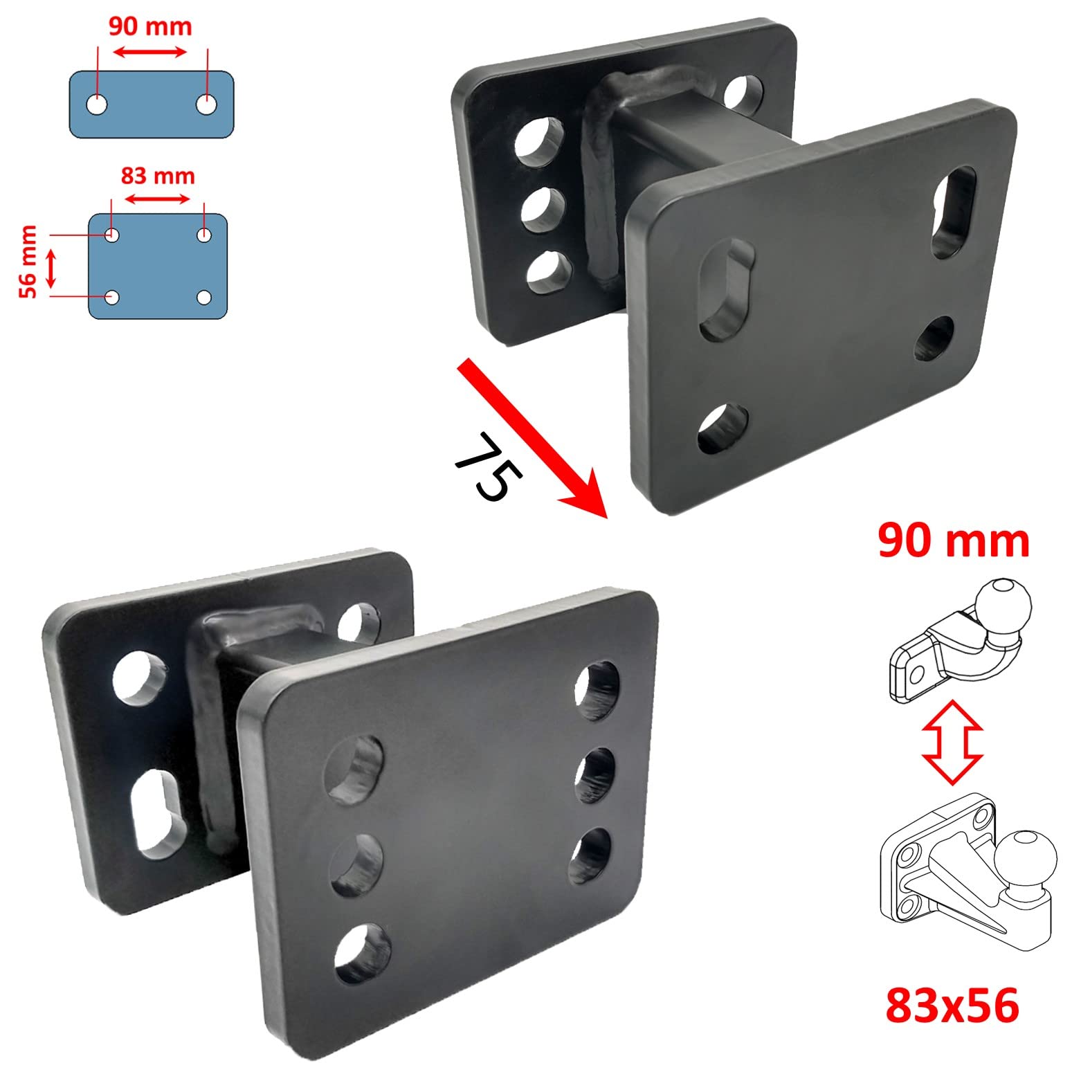 XIMPLIO Adattatore prolunga gancio per sfera flangiata gancio di traino AHK con ABE (75 mm)