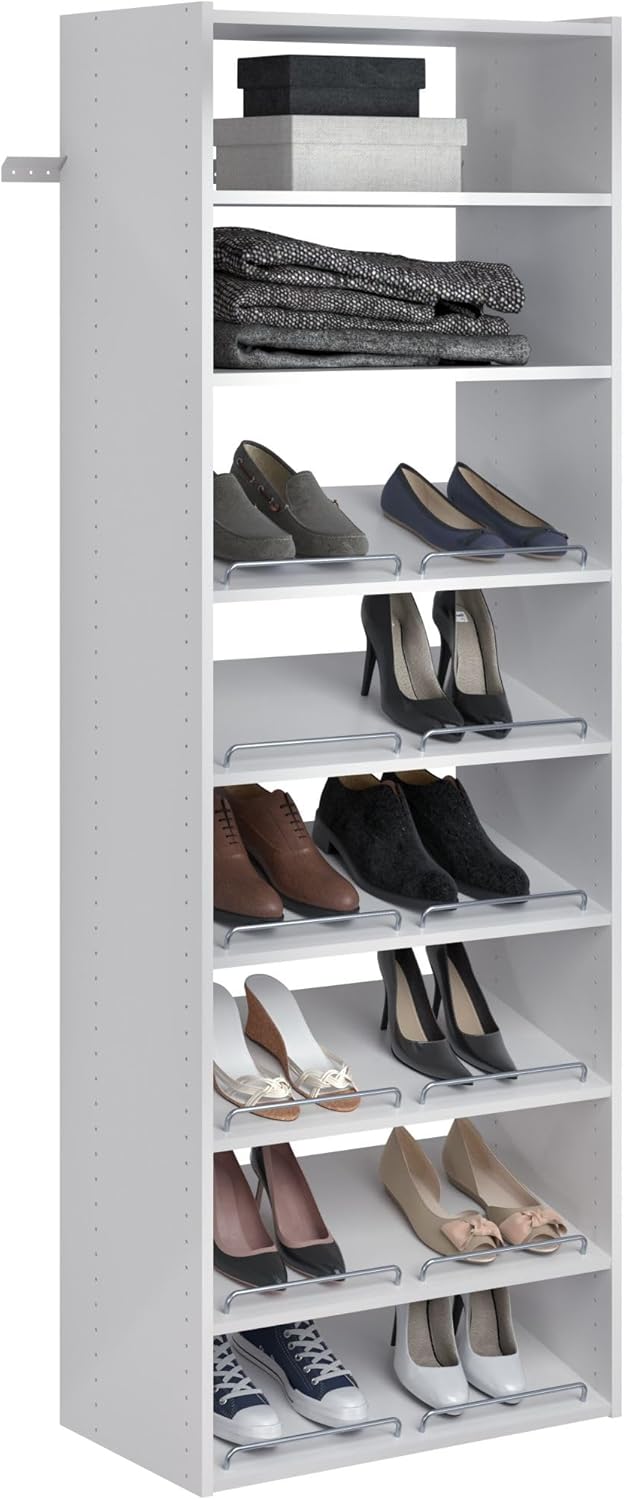 Easy Track 24 Inch Slanted Shoe Storage Shelves with Chrome Fence Rails for Closet Organizer Vertical Panels, Honey Blonde (3 Pack)