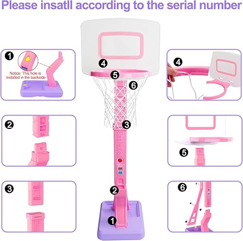 Miniatura 7 de Mini aro de baloncesto para niñas pequeñas, color rosa, ajustable, con bomba de bola para exteriores, juguetes junto a la piscina para patio