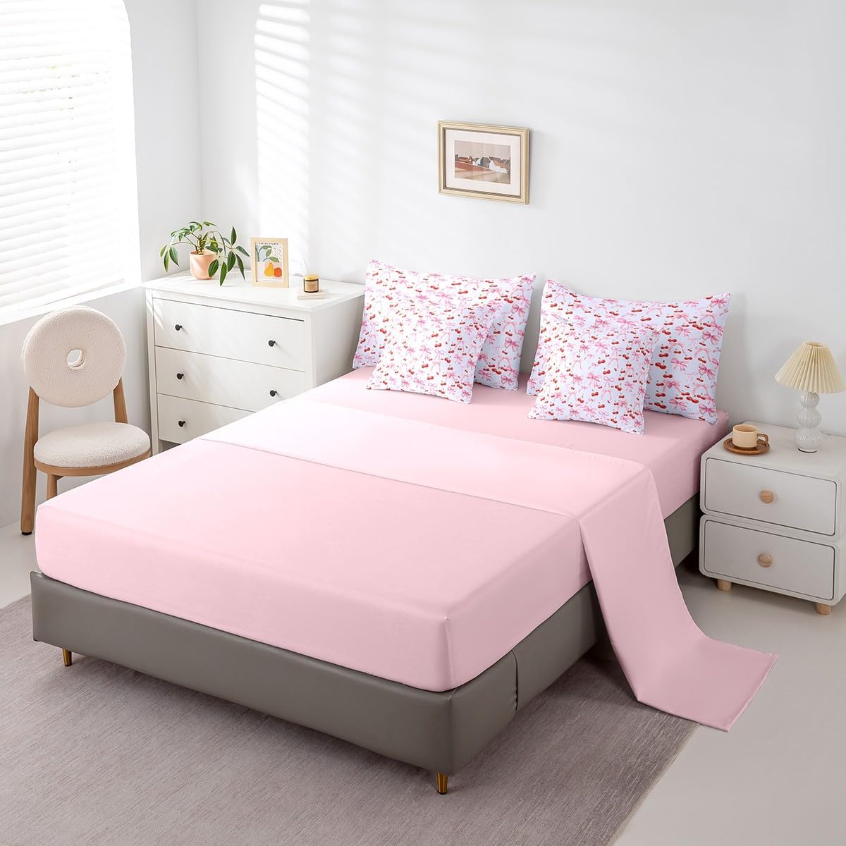 Feelyou Bow Cherry 7 Pieces Bedding Set, King Size Watercolor Bow Bed Set for Boys Girls Teens Bedroom Decor Blue Cute Bowknot Bed in a Bag with Comforter, Sheets, Pillowcases Women Men Fruit