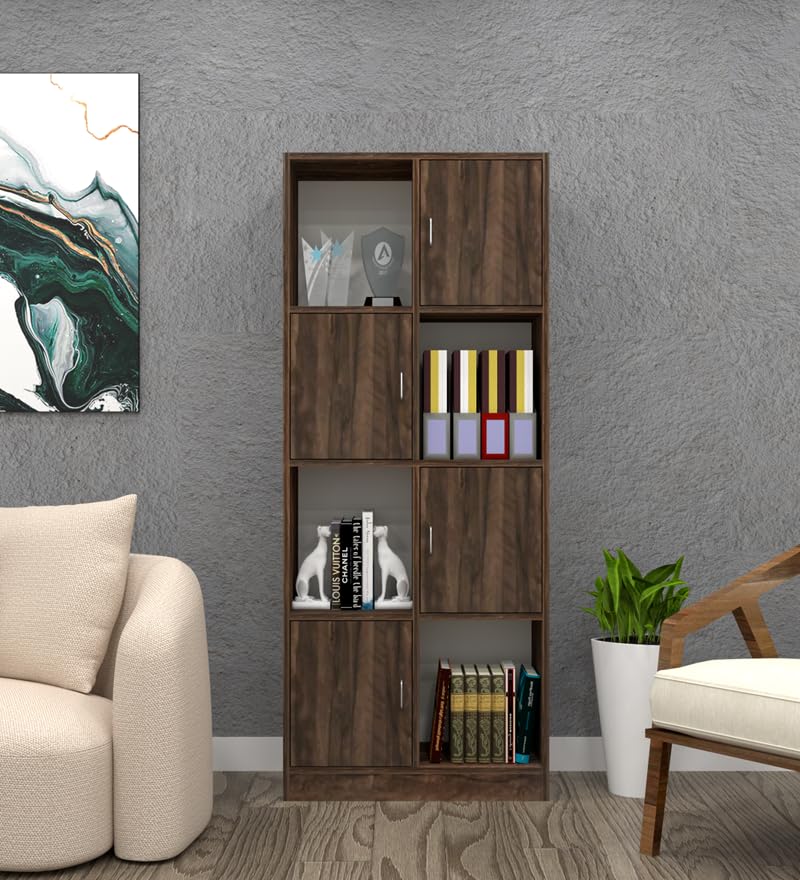 Image of SPECIALITY PANELS Bookcase with 4 Open Shelves and 4 Closed Shelves with Shutters, Brown Wood Finish, 73x35x176 cm