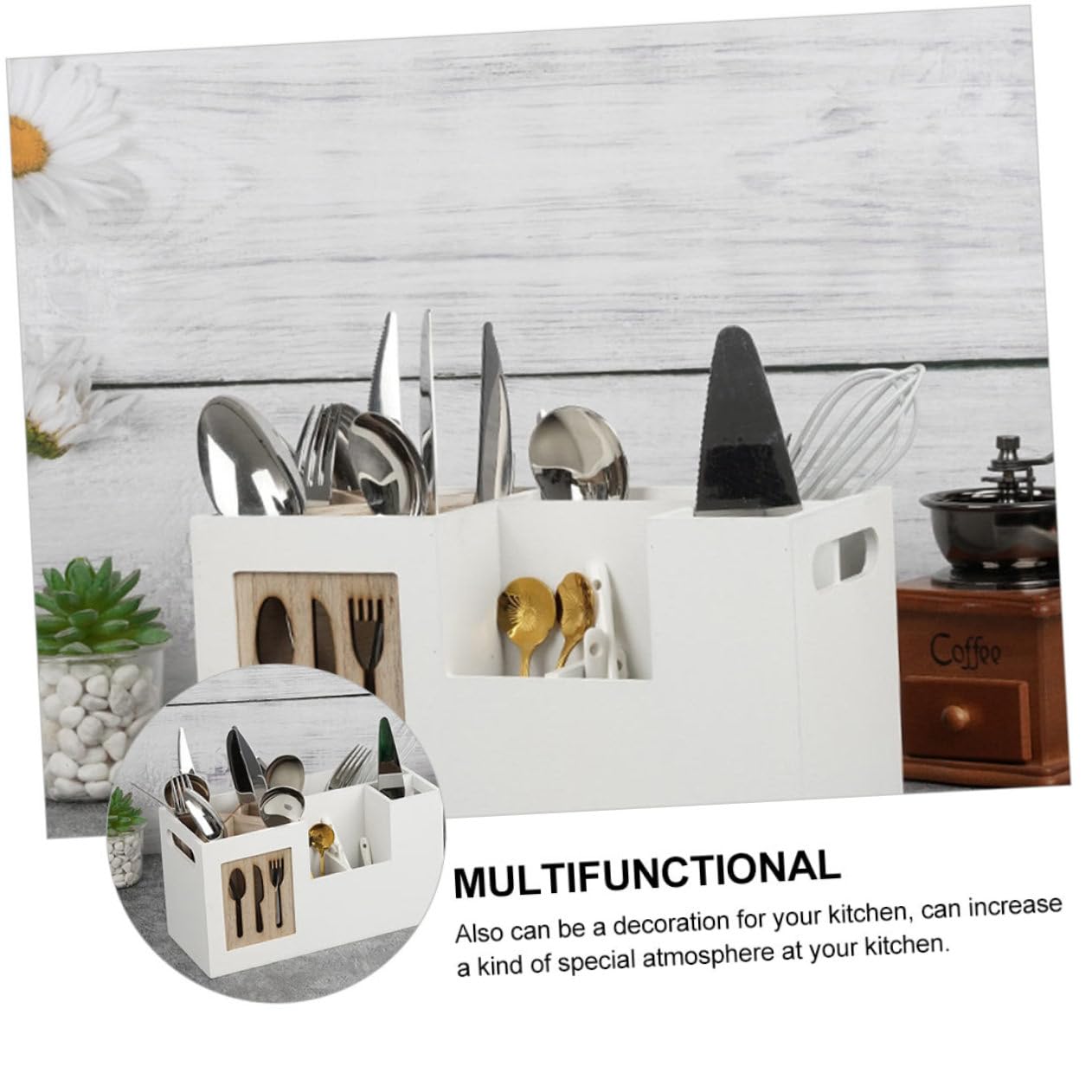 COLLBATH Porta Cubiertos de Madera Blanco sin Tapa para Utensilios de Cocina, Resistente a Arañazos y Fácil de Limpiar, Adecuado para Organización en Encimera