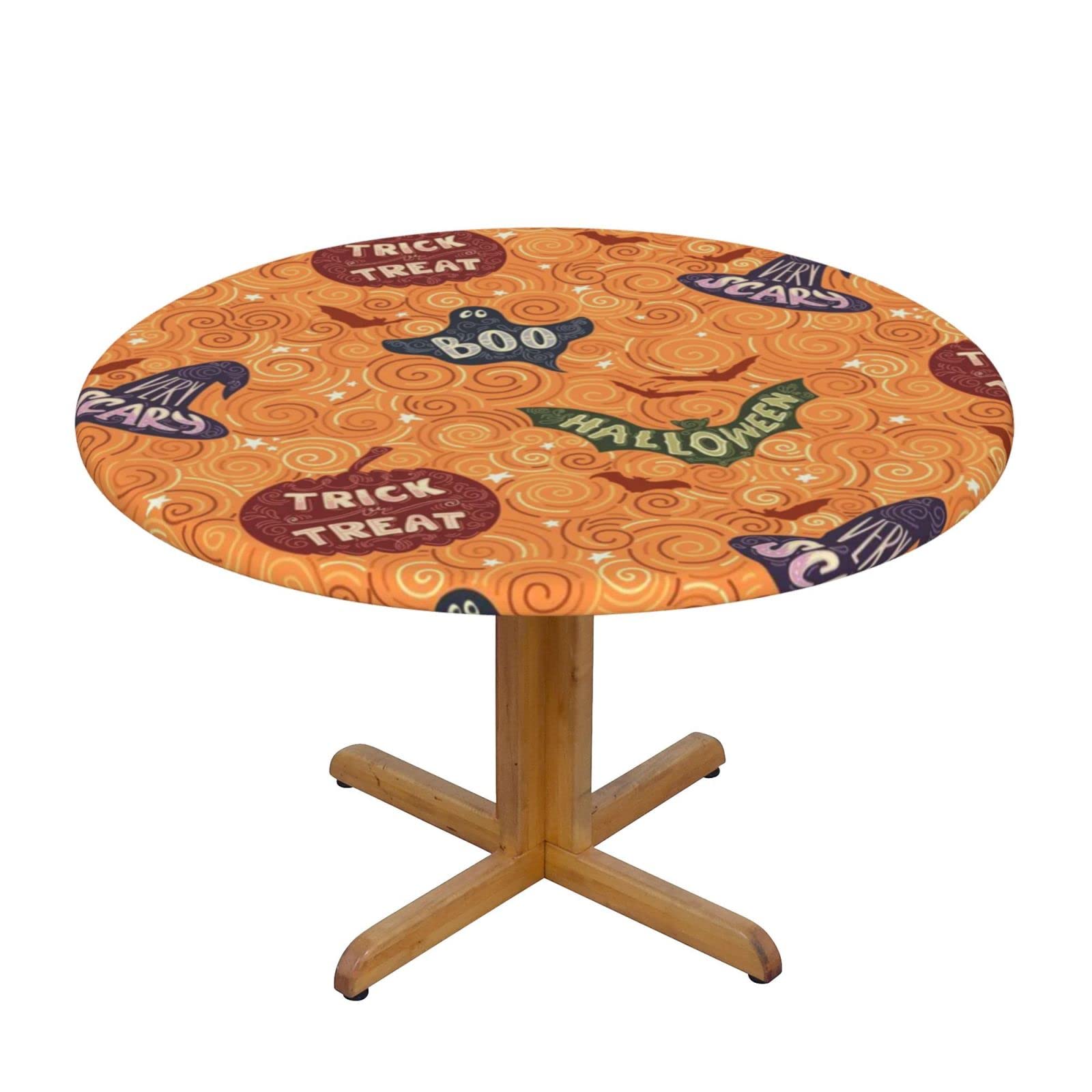 Lsjuee Round Fitted Tablecloth 40-44in Elastic Edged Table Cloth for Kitchen Dining Party Home Decor - Halloween Yellow