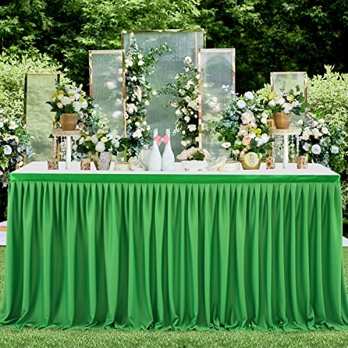 Partisky Green Polyester Table Skirt For Rectangle Tables 12Ft, Wrinkle Resistant Pleated Ruffle Table Cloth For Banquet Wedding Trade Baby Shower Display Gift Dining Table #TOP5