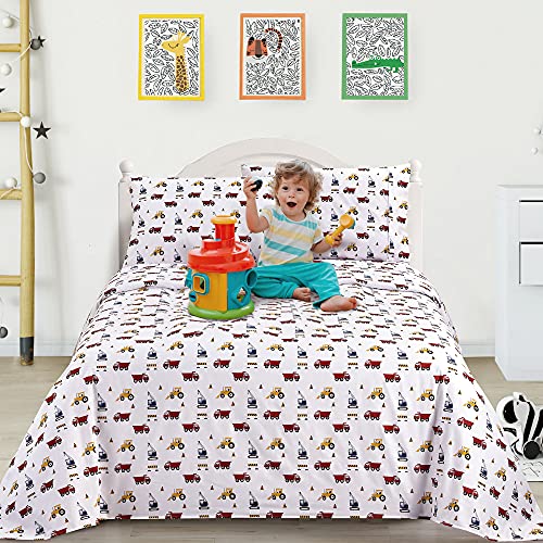 Viviland Kids Twin Sheet Set - Twin Size Printed Boys Bed Sheets - Kids Boys Toddlers Breathable Fitted Bed Sheet Twin - Excavator Toys Theme #TOP1