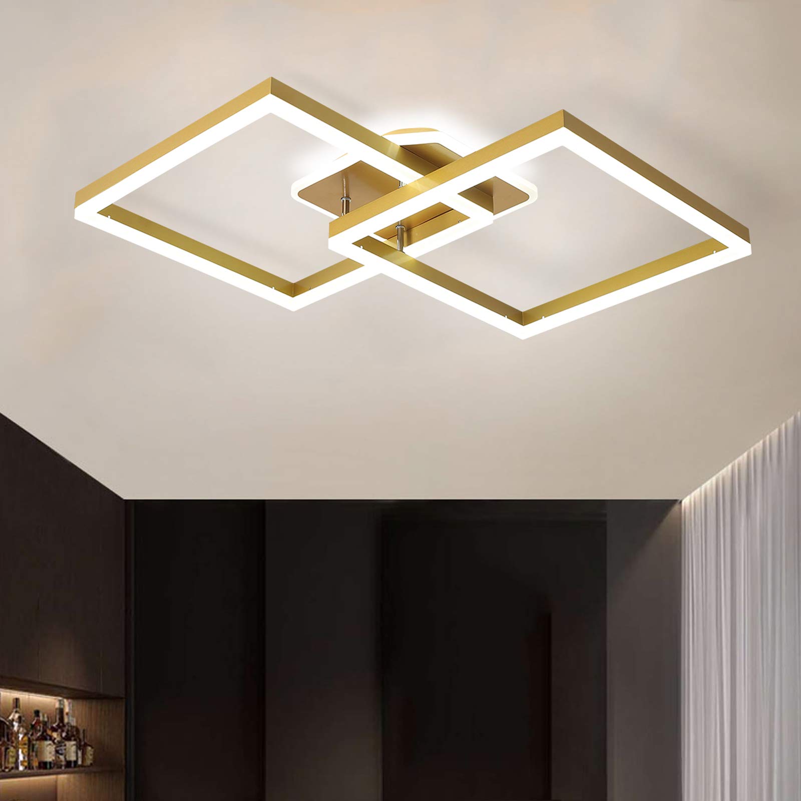 Qcyuui Modern Square Ceiling Light, LED Chandeliers Flush Mount, 63W Gold Acrylic Close to Ceiling Lighting Fixture for Kitchen Dining Living Room Studio Office, 6500K (Not Dimmable)