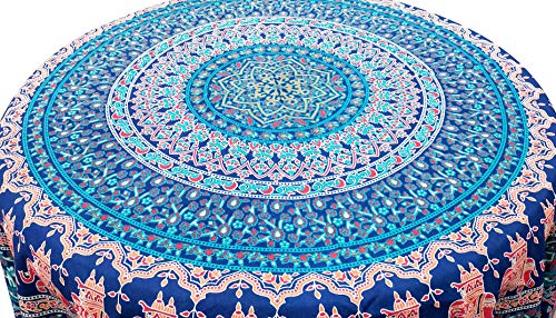 Image of RHF Dining Round Tablecloth 100% Cotton Multicolor Floral Bird Printed 4-6 Seater Round Table Cover with White Fringed Lace Border 75 inch (Blue)
