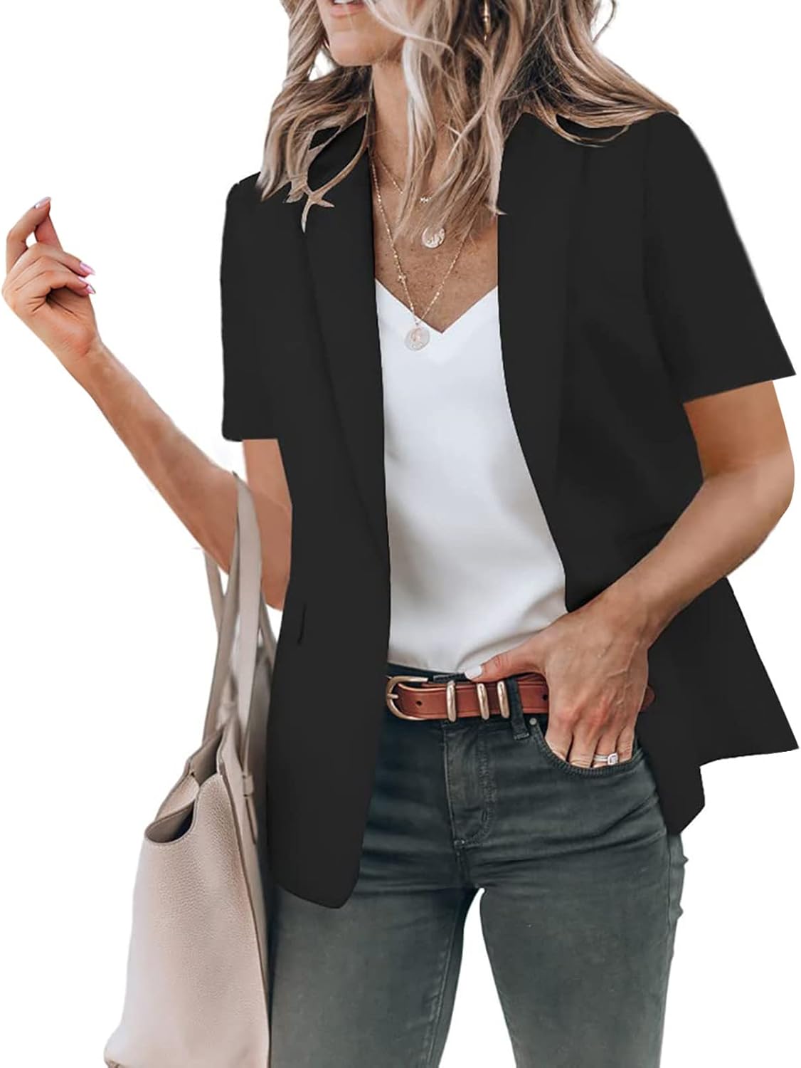 Generisch Sommer Blazer Damen Elegant Leichte Kurzarm Blaser Jacke Lässig Festlich Sakko für Büro Open Front Reverskragen Sweatblazer Business Hosenanzug Anzug Outfits mit Tasche Frauen