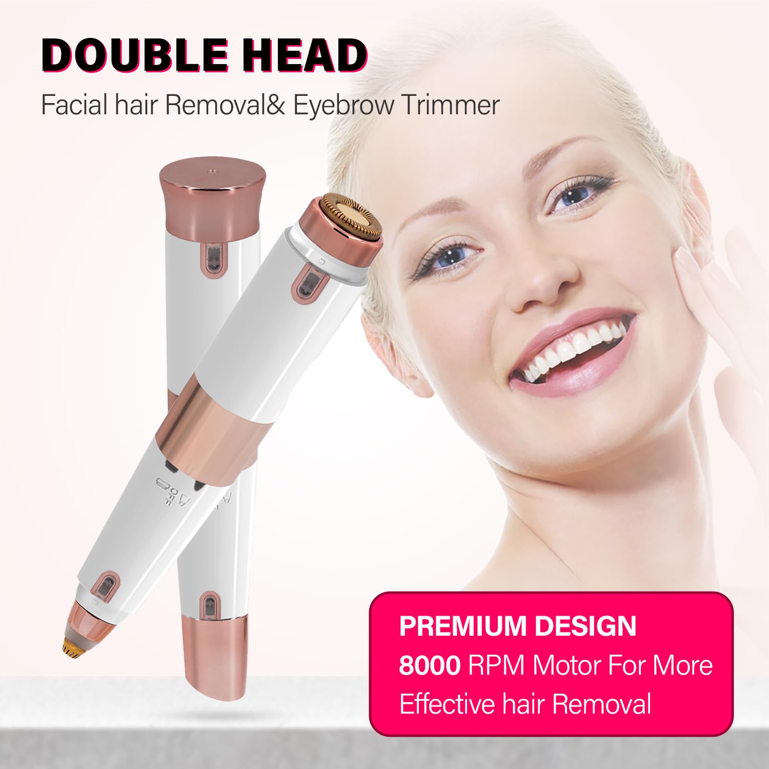 COOL CARRY Facial Hair Removal for Women & Eyebrow Trimmer 2 in 1,Double Head Electric Shaver&Portable Peach Fuzz Hair Razor,Rechargeable Remover for Pubic Lips Face Ear,Body Hands, Chin Beard Hair