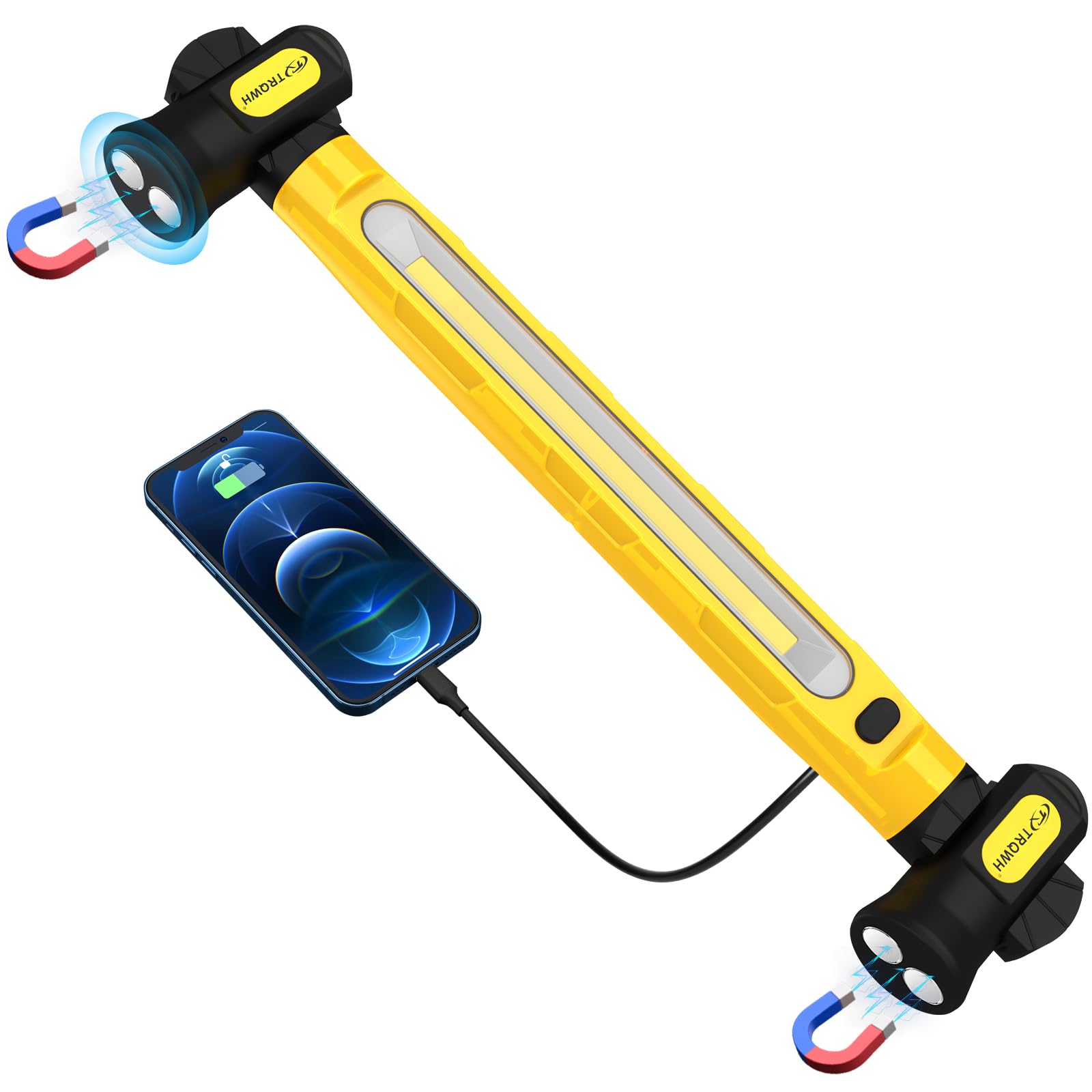 TRQWH Lampe de travail 3200LM LED, 6000mAh rechargeable, portable, magnétique, lumière d'urgence avec crochets pour réparation de voiture, garage, atelier, camping, jaune