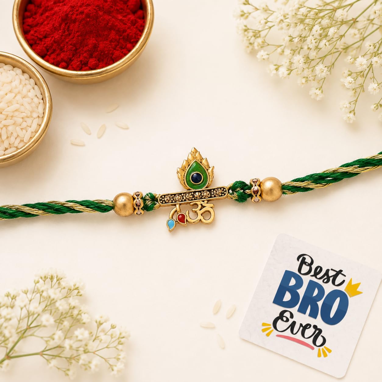 eCraftIndia Green & Golden Om & Peacock Feather Religious Designer Rakhi with Roli Chawal Pack and Best Bro Ever Fridge Magnet - Rakhi for Brother, Bhaiya, Bhai-image-37
