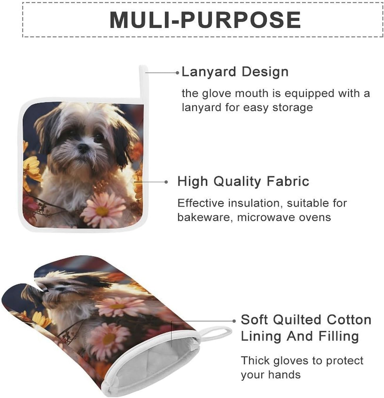 4-Piece Oven Mitts and Pot Holders Set Shih Tzu Dog and Flowers Printed Heat-Resistant Polyester Kitchen Gloves and Potholders Comfortable & Durable for Cooking Baking and Grilling
