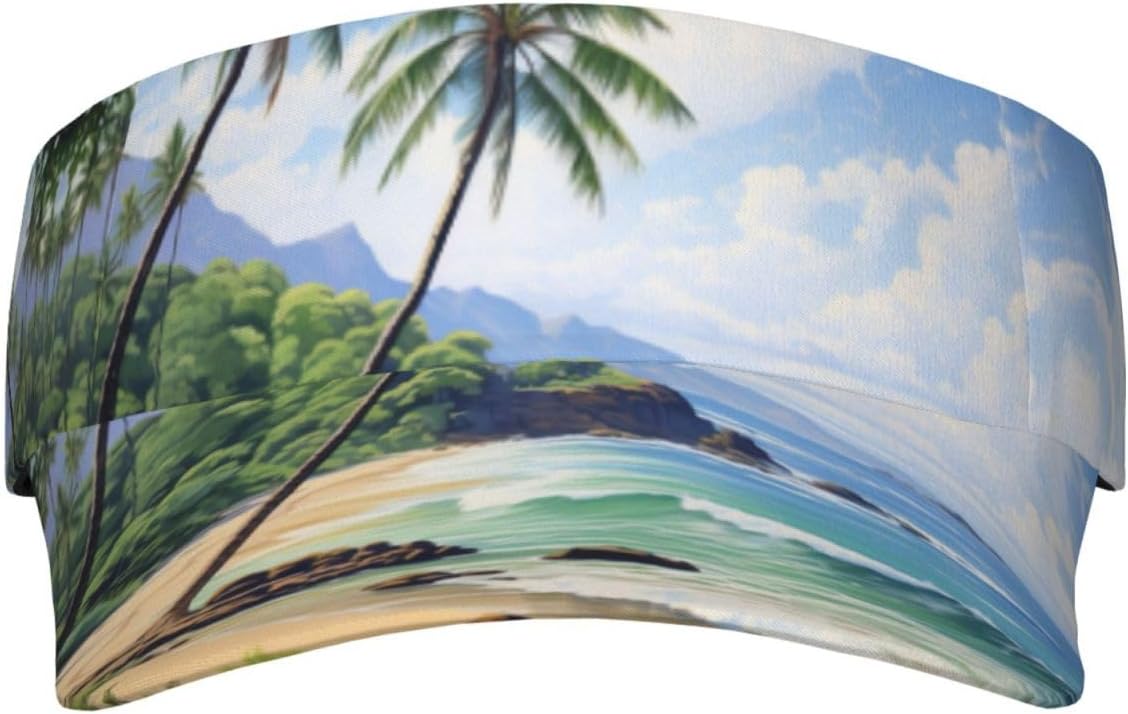 Hawaiian Beach with Palm Trees Print Sports Sun Visor Hats Adjustable Running Golf Tennis Sun Cap for Women Men Black