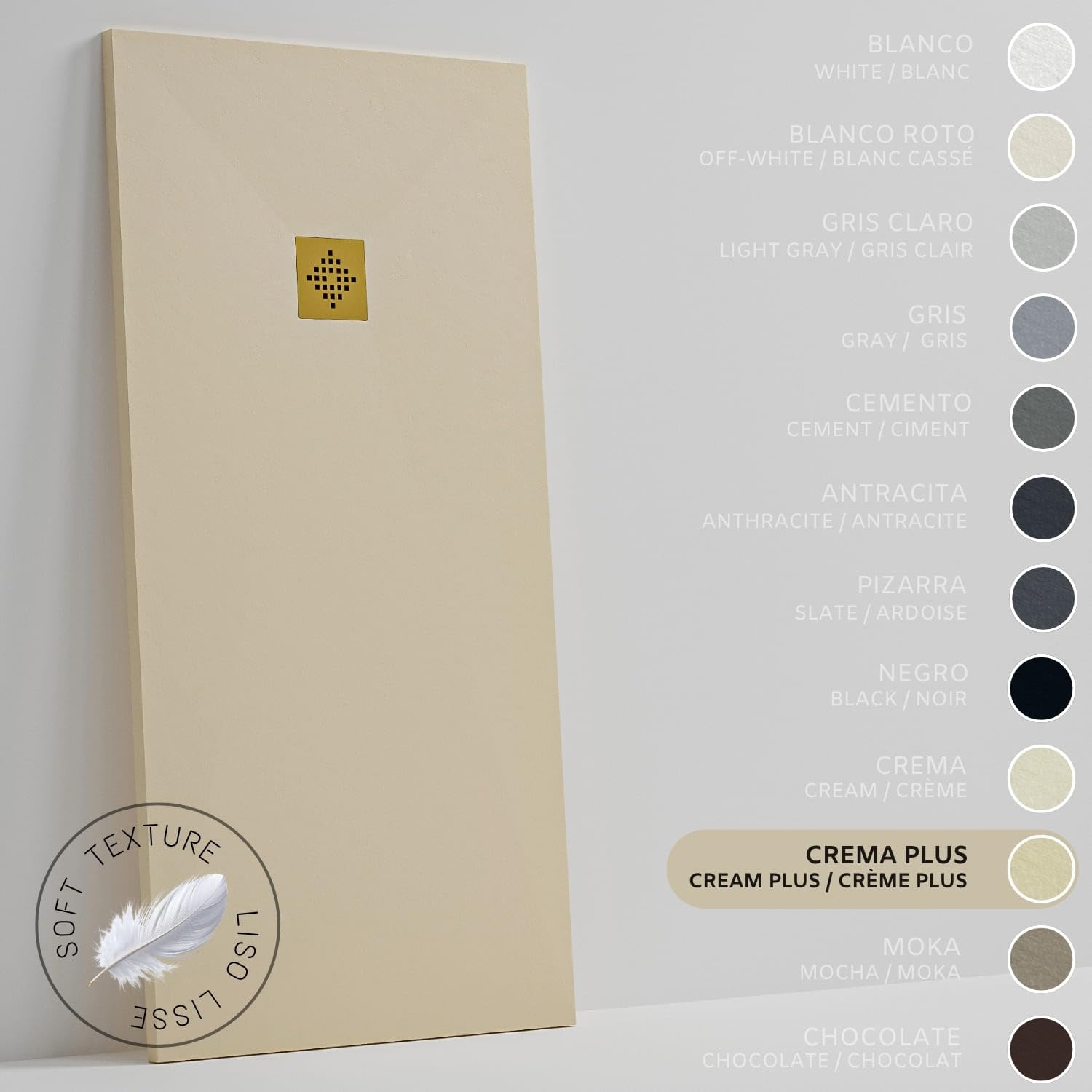 SOULHOME Brodzik prysznicowy– Żywica– Gel Coat– Gładki Jedwab tekstura – Antypoślizgowy – Kolor intensywnie kremowy – 100x100- Niski 3 cm– Z dodatkowym syfonem – Ruszt Złoty