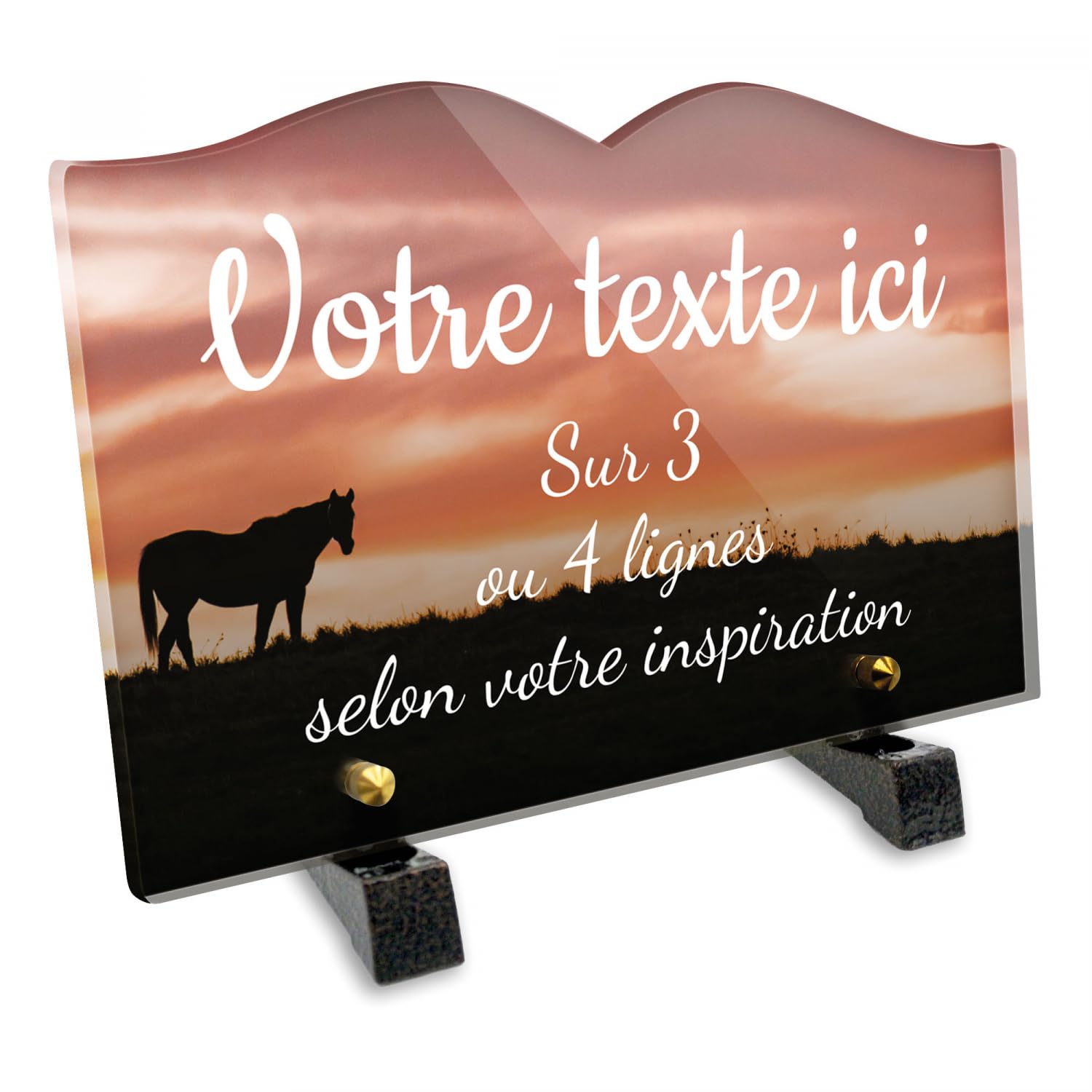 Placa funeraria Libro personalizable en plexi con diseño de silueta de caballo, diferentes tamaños, grosor 6 mm, personalizado en varias líneas 22x15 cm
