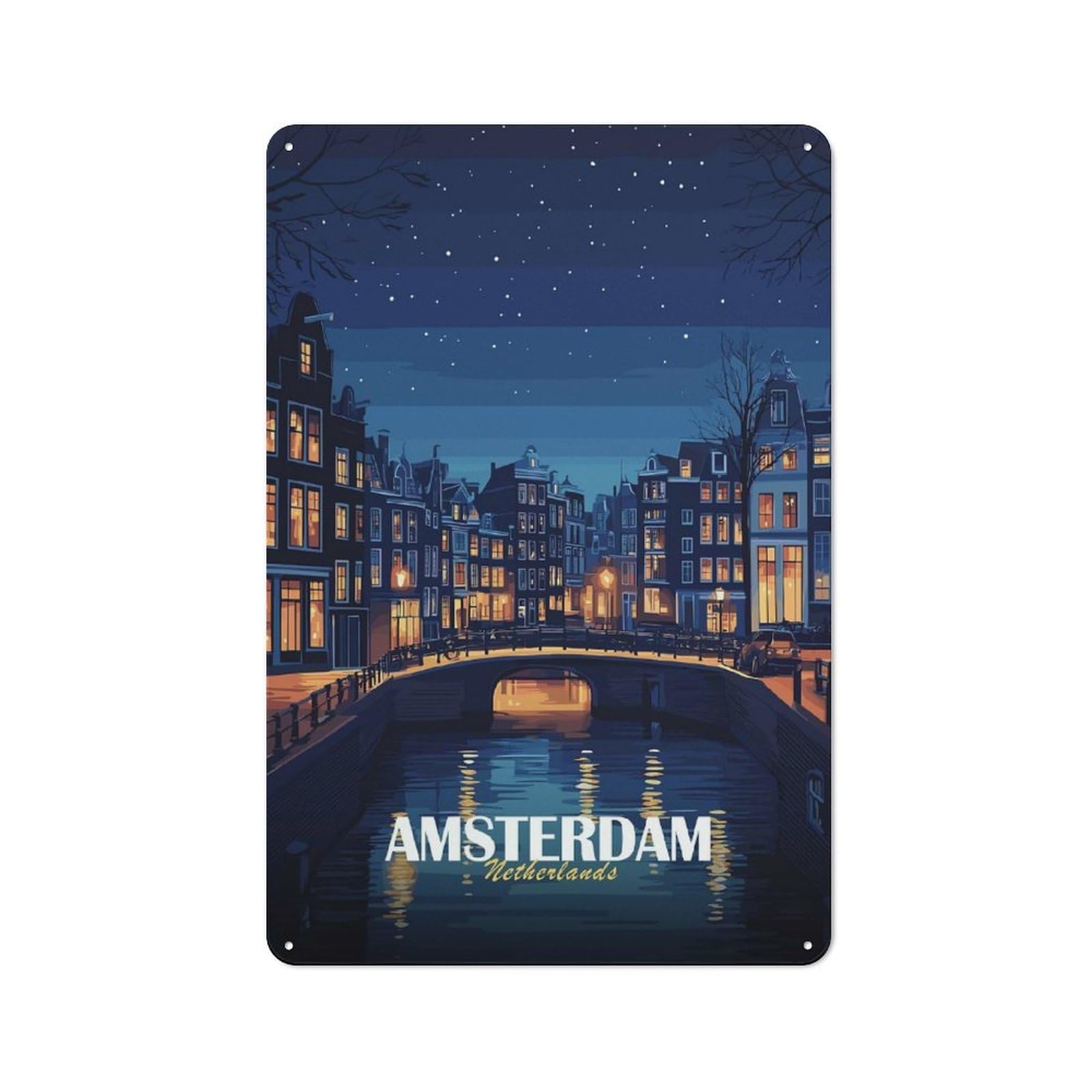 Junmoney Style-18 Amsterdam Netherlands Night Cityscape Decorative Metal Plaque 30X20cm, Loft Style Urban Room Decor For Flat, Bar, Studio Or Gallery Wall