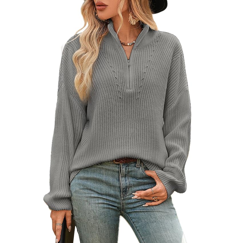 QIANSIQIANBO Women's Zipper Sweater 1/4 Zip Polo V Neck Long Sleeve Ribbed Knit Sweater Casual Loose Soft Pullover Tops
