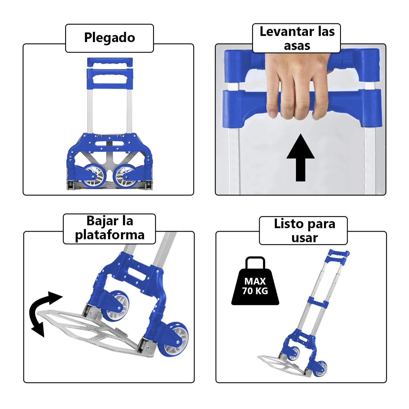 MERCURY TEXTIL Carretilla Plegable de Aluminio con Cuerda, Carro de Mano Compacto, 70kg, Azul
