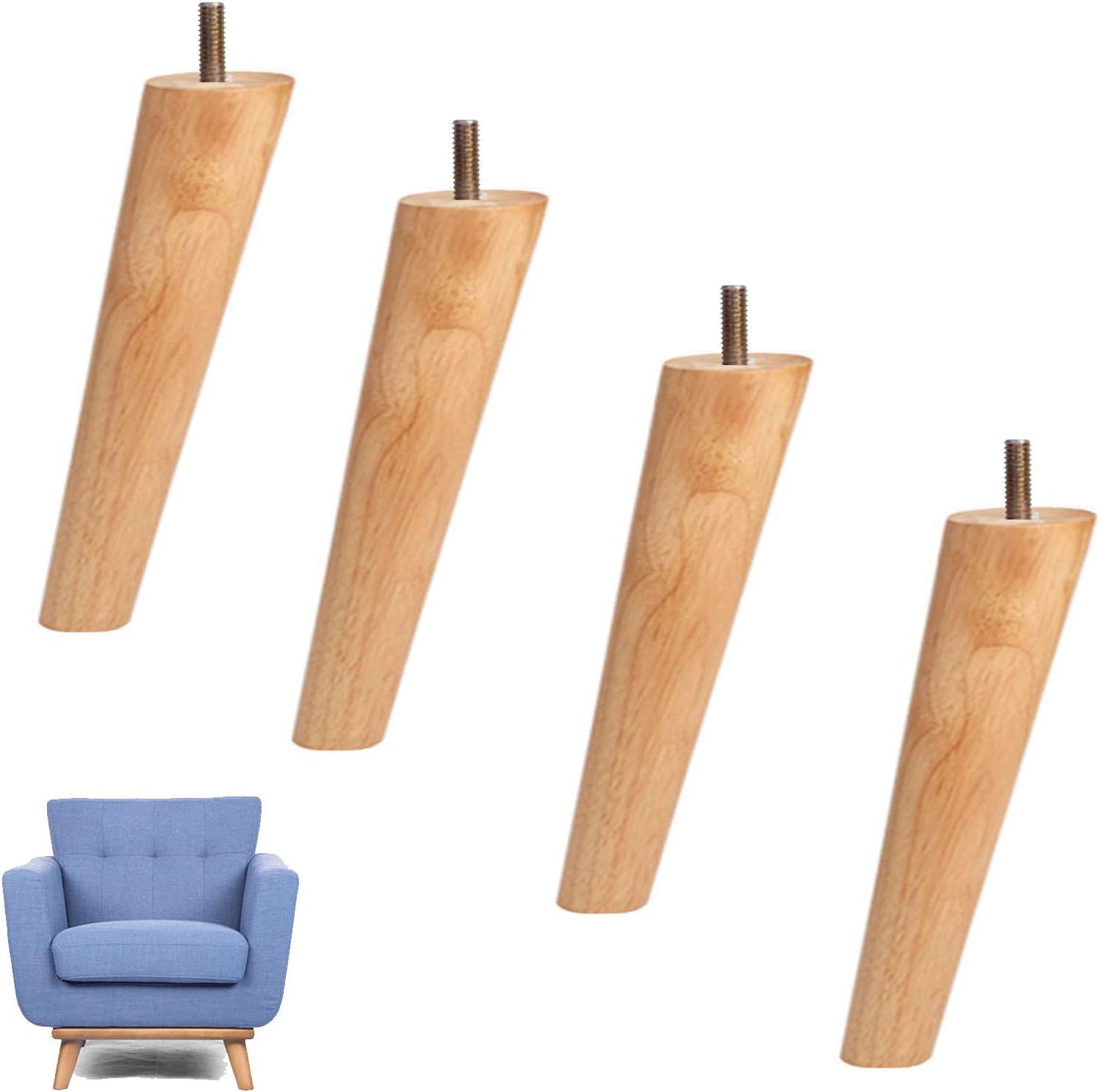 Rhllvj Oblique 4X Solid Wood Sofa Feet Tapered Coffee Table Feet Tv Cabinet Feet Threaded M10 Hook Bolt, Original Wood Colour (Straight 60Cm/23.6Inch)(,70Cm/27.6Inch)