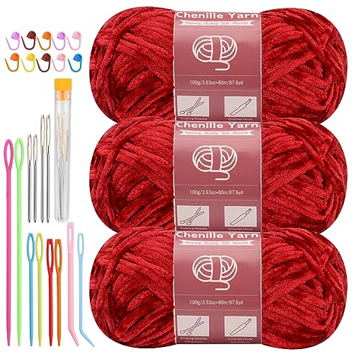 Image of LUNARM Chenille Yarn 3 Pack 3.5oz Chunky Blanket Velvet Yarn 263 Yard | Dark Red Chunky Chenille Yarn for Beginners Crocheting Hand Knitting Scarves with Big Eye Needles Machine Washable