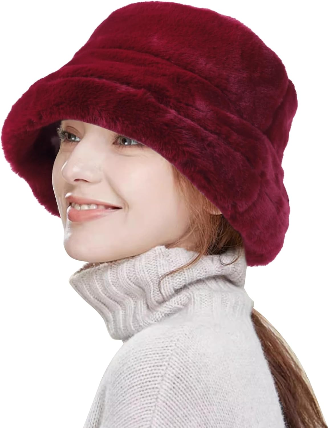 HH HOFNEN Winter Bucket Hat Fluffy Faux Fur Fisherman Plush Warm Hats Cute Fuzzy Bucket Hat for Women
